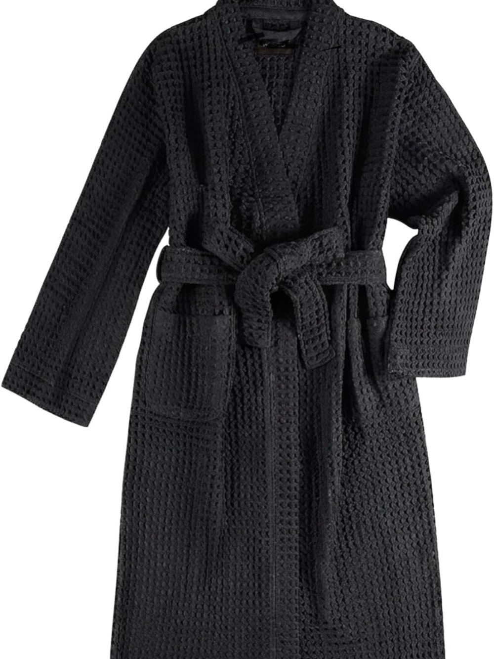 Waffle-Texture Black Robe with Tie Waist